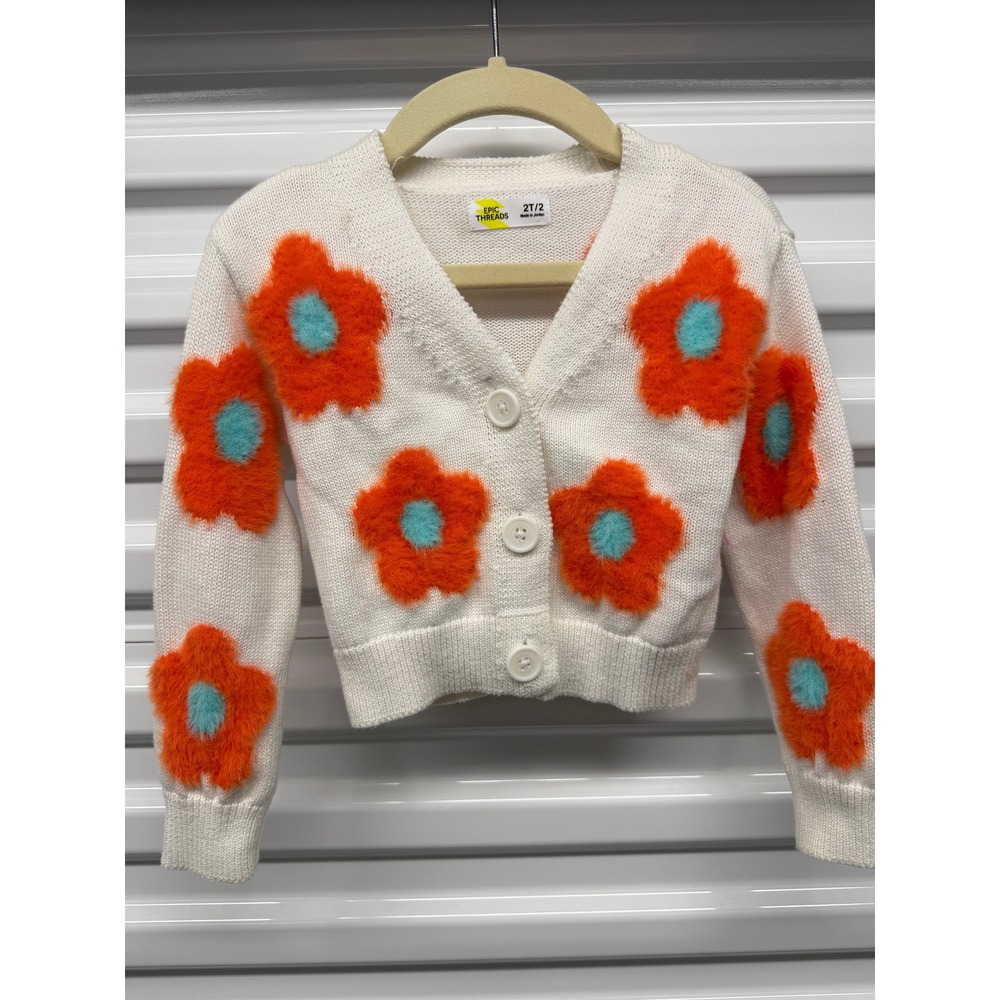 Epic Threads Girls White Floral Knit Cardigan Sweater Orange Blue Flowers 2T/2